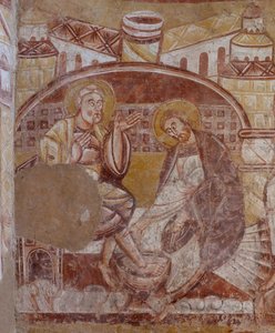 Kostel (Église Saint-Martin). Interiér. Nástěnné malby (fresky). Severní stěna kůru. Detail. mytí nohou. 12. století. od Unbekannt