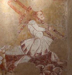 Kostel (Église Saint-Martin). Interiér. Nástěnné malby (fresky). Severní stěna kůru. Detail. Šimon z Kyrény nesoucí kříž. 12. století. od Unbekannt