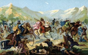 Franský král Klovis I. (466-511) v bitvě u Tolbiaku v roce 496 proti germánskému kmeni Alamanů slíbil, že v případě vítězství konvertuje. Konec 19. století (chromolitografie) od Unbekannter Künstler