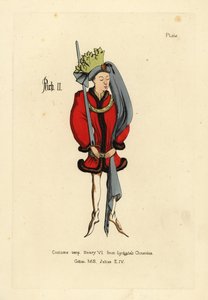 Kostým krále Richarda II., zkráceně celá tunika lemovaná kožešinou, přepásaná na bocích páskem, špičaté boty, kulatá čelenka s dlouhým ocasem a korunou z látky střižené do tvaru listů od Unbekannt