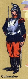 Kyrysník v uniformě vojáka. Ilustrovaná abeceda. Snímky se znovu spojily v Jarville-Nancy na začátku 20. století. Rozměr: 40 x 29 cm. Litografie na bistre pozadí od Unbekannt
