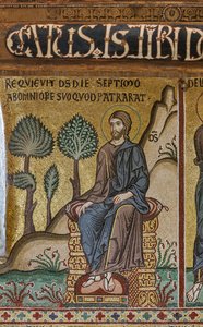 Cyklus mozaik na Starém zákoně, cyklus Stvoření: "Odpočinek Stvořitele sedmého dne", XII. století, Palatinská kaple, Královský palác nebo Palazzo dei Normanni (Palác Normanů), Palermo, Sicílie, Itálie ( fotografie) od Unbekannter Künstler
