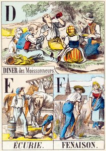 D E F: Diner des Moissonneurs, Ecurie, Fenaison - "Abeceda farmy" konec 19. století (rytina) od Unbekannt