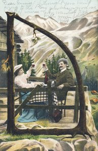 D: Muž a žena sedící u stolu před horskou chatou cinkají skleničky, v ruce mají sklenku vína - abecední znaky Ref Th. E., L. Theochrom - Série 994. Theodor Eisman, vydavatel, Lipsko od Unbekannt