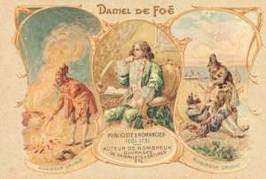Daniel Defoe u psacího stolu a jeho slavné dílo (tisk) od Unbekannter Künstler