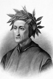 Dante Alighieri (1265-1321) italský spisovatel (Božská komedie), zde korunován vavříny, rytina od Unbekannter Künstler
