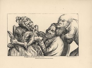 Zubař se směje, když kleštěmi vytahuje staré ženě zkažený zub z úst. Mědirytina podle satirické ilustrace Timothyho Bobbina (Johna Colliera) (1708-1786) z knihy Human Passions Delineated, John Haywood, Manchester od Unbekannter Künstler