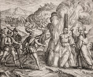 Popis zločinů spáchaných na Indiánech španělskými kolonisty - Conquistadoři upálení na hranici Indiána, který odmítl konvertovat na katolickou víru. Řeholníci františkánského řádu (rytina) ""Narratio regionu indicarum per Hispano od Unbekannt