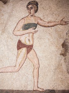 Detail komnaty deseti panen nebo mozaika „bikiny dívek“. Běh. 3. - 4. století. Římská vila Casale, Sicílie. památka UNESCO. od Unbekannt