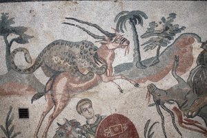 Detail mozaiky velkého lovu. Leopard útočící na gazelu. 3. - 4. století. Římská vila Casale, Sicílie. památka UNESCO.