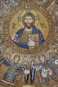 Kopule transeptu: mozaika "Požehnání Krista Pantokratora mezi anděly a archanděly", XII. století, Palatinská kaple, Královský palác nebo Palazzo dei Normanni (Palác Normanů), Palermo, Sicílie, Itálie (foto) od Unbekannter Künstler
