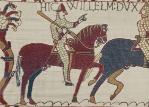 Vévoda William nabádá své vojáky, aby se připravily na bitvu proti anglické armádě, Bayeux Tapestry (vlněná výšivka na plátně) od Unbekannt