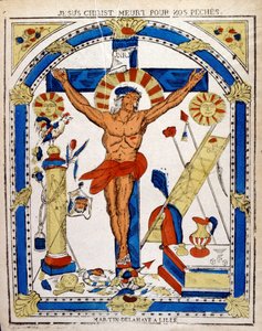 Holandská ilustrace z 19. století zobrazující ukřižovaného Krista. Dřevoryt kolem roku 1850 od Unbekannter Künstler