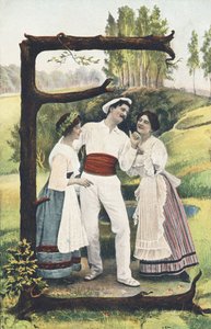 E: Muž oblečený v bílé a červené stojí mezi dvěma ženami v sukni, halence a zástěře. Venkovský dekor - abecední znaky Ref Th. E., L. Theochrom - Serie 994. Theodor Eisman, vydavatel, Lipsko od Unbekannt