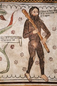 Ego sonto un homo salvadego per natura, chi me ofende ge fo pagura (jsem od přírody divoký muž, kdo mě urazí, dám strach), freska, muzeum Homo Salvadego, Sacco, Cosio Valtellino, Lombardie, Itálie od Benjamin Baud
