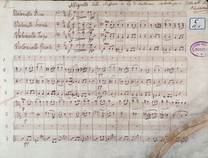 První strana partitury pro čtyři violoncella Symfonie č. 7 cs A dur, op. 92, od Ludwiga van Beethovena od Unbekannter Künstler