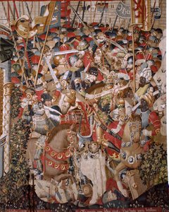 Vlámský gobelín. Seriál Trojská válka. Achillova smrt (Muerte de Aquiles). Osmý gobelín v sérii. Model Coëtivy Master (Henry nebo Conrard de Vulcop). Výroba dílen Tournai. Ca 1470. Látka Vlna a hedvábí, 6/7 osnovy na cm. Velikost 482 x 942 c od Unbekannt