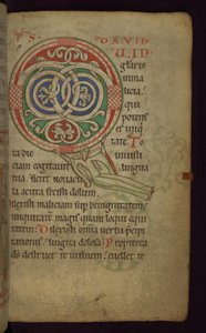 Folio 64 z Claricia Psalter: Claricia Swinging on Initial Q, konec 12. - začátek 13. století od Unbekannt