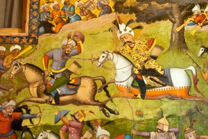 Freska; Shah Ismail na bílém koni v bitvě u Taher Abad; 1510; proti Uzbekům v Mervu; Chehel Sotoun; Palác čtyřiceti pilířů; Isfahán; Írán; Asie od Unbekannt
