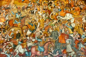 Freska; bitva; bitva u Nadir Shah v bitvě o Karnal; 1739; na koni; proti sultánovi Mohammedovi Shah Gurkanimu na bílém slonovi; Chehel Sotoun; Palác čtyřiceti pilířů; Isfahán; Írán; Asie od Unbekannt
