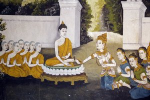 Freska zobrazující scénu Buddhova života ve Wat Phra Doi Suthep, Chiang Mai. Buddha přijímá almužnu. Thajsko od Unbekannt