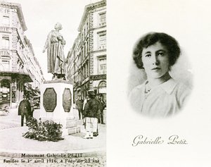 Gabrielle Petit a pomník postavený na její počest v Bruselu, pamětní listy, kolem roku 1925 (litho) od Unbekannter Künstler