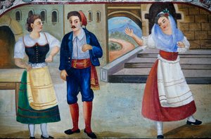 Galantní scéna s postavami v kostýmech, malba na dřevěné desce, sicilské ruční práce, Sicílie, Itálie, Detail