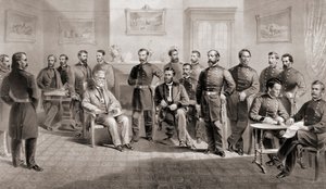 Generál Ulysses S. Grant (sedící uprostřed vpravo) a generál Robert E. Lee (sedící uprostřed vlevo) se svými příslušnými zaměstnanci v soudní budově Appomattox ve Virginii, kde generál Lee kapituloval armádu Severní Virginie a tím ukončil americkou občansk od Unbekannt