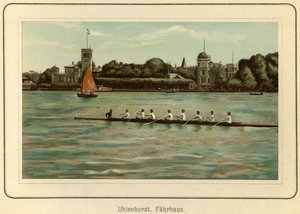 Německo, Hamburk, přívoz Uhlenhorst u jezera Alster, ilustrace z : "Ansichten-Album Hamburg" (pohledy z Hamburku), vydal C. Schneider, Berlín NW cca 1890 (litografie) od Unbekannter Künstler