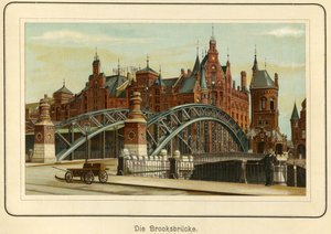 Německo, Hamburk, "Brooksbruecke" (Brooksův most) a v pozadí přístavní sklady zvané "Speicherstadt", asi 1890 (litografie) od Unbekannter Künstler