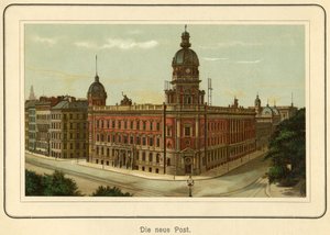 Německo, Hamburk, nová budova pošty, ilustrace z : "Ansichten-Album Hamburg" (pohledy z Hamburku) , vydal C. Schneider , Berlín NW, cca 1890 (litografie) od Unbekannter Künstler
