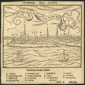 Německo, Hamburk, pohled na město, v popředí řeka Labe, ilustrace z Cosmographie Sebastiana Muenstera (Münster), kolem roku 1570 (rytina) od Unbekannter Künstler
