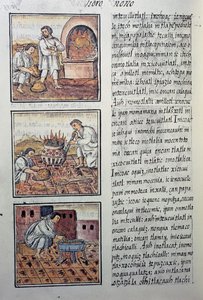 Zlatá produkce Španělů, stránka z Florentského kodexu, dvojjazyčná verze ve španělštině a nahuatlu, Obecná historie věcí Nového Španělska, španělský misionář Fray Bernardino de Sahagun. Aztécká civilizace od William M. Timlin