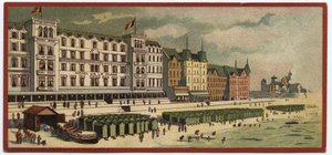Grand hotels: vnější pohled na Hotel de la Plage v Ostende, Belgie - Mapa série představující hotely „Compagnie Internationale des Grands Hotels“, konec 19.-začátek 20. století od William M. Timlin
