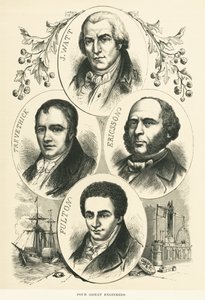 Skvělí inženýři a vynálezci: James Watt, John Ericsson, Robert Fulton, Richard Trevithick, , cca 1880 (č/b foto) od Unbekannt