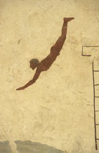 Řecké umění: Freska hrobky potápěče, Paestum, Region Campania, Itálie. Tomba del Tuffatore, nástěnná malba, archeologický park Paestum, Kampánie, Itálie