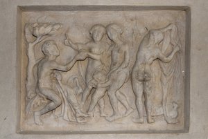 Řecká mytologie: Soud v Paříži. Pastýř Paris musí vybrat tu nejkrásnější ze tří bohyní z Afrodity (Venuše), doprovázenou Amorem, Hérou (Junon) a Athénou (Minerva). Vybere si Afroditu, které nabídne zlaté jablko. Úleva od Unbekannt