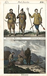 Obyvatelé Grónska v kůžích a jeden Inuita z Labradoru (Kanada) s trojzubcem. Níže je každodenní scéna z rodinného života Inuitů před iglú, stanem a kánoí, Severní Amerika. Litografie pro knihu: "Galerie complete en tableaux fideles des od Unbekannter Künstler
