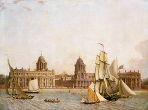 Greenwichská nemocnice (Anglie), z ostrova Isle of Dogs (severní břeh Temže), s plavbou různých lodí po řece. Olej na plátně, asi 1830-1840 od Unbekannter Künstler
