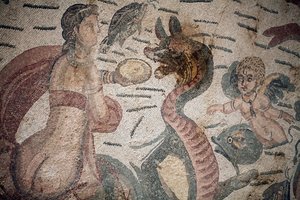 Síň Arionu. Námořní scéna. Mořští tvorové. Nereides a tritoni. 3. - 4. století. Římská vila Casale, Sicílie. památka UNESCO. od William M. Timlin