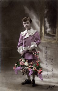 Šťastný nový rok blahopřání: Dítě drží košík květin – pohlednice z roku 1920 od Unbekannt