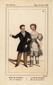 Jindřich, hrabě ze Chambordu, vévoda z Bordeaux 1820-1883 a Louisa Marie Terezie z Artois, dcera vévody z Berry 1819-1870. Ručně kolorovaná litografie Madame Calon z knihy Le Bibliophile Jacob alias Paul Lacroix