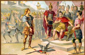 Dějiny. Starověký Řím. Vercingetorix (náčelník galského kmene: Averni) se vzdává Juliu Caesarovi v Alesii, 52 př. Kr. Imagery, Francie, c. od Unbekannter Künstler