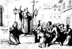 Dějiny starověkého Říma. Mnich káže lidem na náměstí v Římě. Bartolomeo Pinelli rytina XIX století od Unbekannt