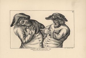 Hodge a Roaf se navzájem obviňují, že místo džbánu piva nechali hrnec s močí. Mědirytina Thomase Sanderse podle satirické ilustrace Timothyho Bobbina (Johna Colliera) (1708-1786) z knihy Human Passions Delineated, John Haywood, Manchester. od Unbekannter Künstler