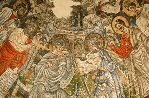 Koptský klášter Svaté Panny a svatého Jana Kame: 9. st. freska: Zvěstování. Marii obklopují proroci Mojžíš, Ezaiáš, Ezechiel a Daniel. Egypt od Unbekannt
