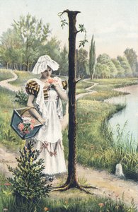 I: Stojící žena v šatech, zástěře a pokrývce hlavy drží košík na pravé paži. Venkovský dekor - abecední znaky Ref Th. E., L. Theochrom - Serie 994. Theodor Eisman, vydavatel, Lipsko od Unbekannt