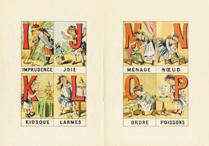 I: nerozvážnost; J: radost; K: kiosek; L: slzy; M N O P: domácnost, uzel, řád, ryba - Rytina převzata z ABCD malých dívek. Pellerin & Cie, tiskárna-nakladatel, Epinal, kolem 1890. Serie A. Rozměry: 19 x 13,5 cm. od Unbekannt