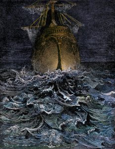 Pozoroval jsem moře v rozkladu, trup lodi na nočním moři - Ilustrace Gustava Doreho (1832-1883) k "La Lournte du vieux sailor" od Samuela Taylora Coleridge (1772-1834) - kolorovaná rytina od Unbekannter Künstler
