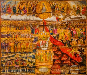 Ikona posledního soudu, Moni Gonias trůnící přímo na moři nad skálou, Kréta, Kolimbari, Kréta, Řecko, Evropa (foto) od Unbekannter Künstler